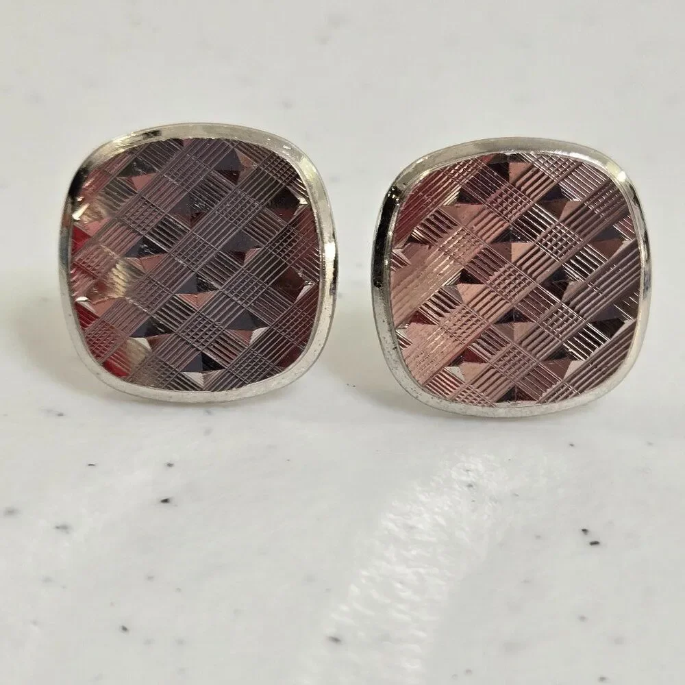 Swank cufflinks Silver Tone Geometric Textured Square Stripe Weave Pattern